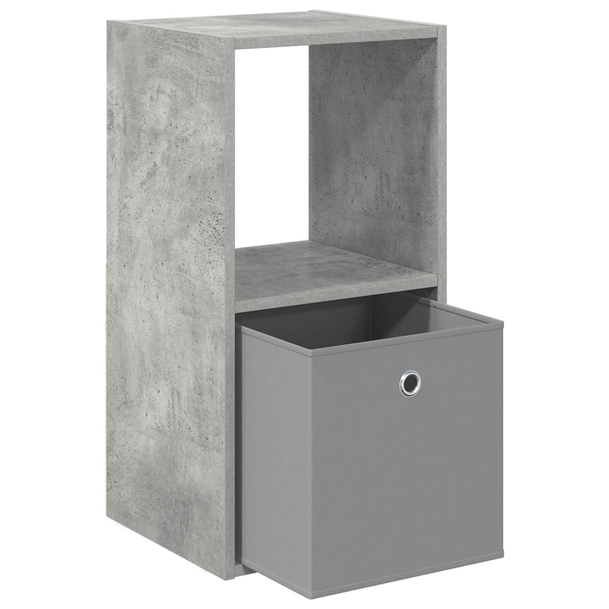 A concrete grey bedside table with a storage box pulled out