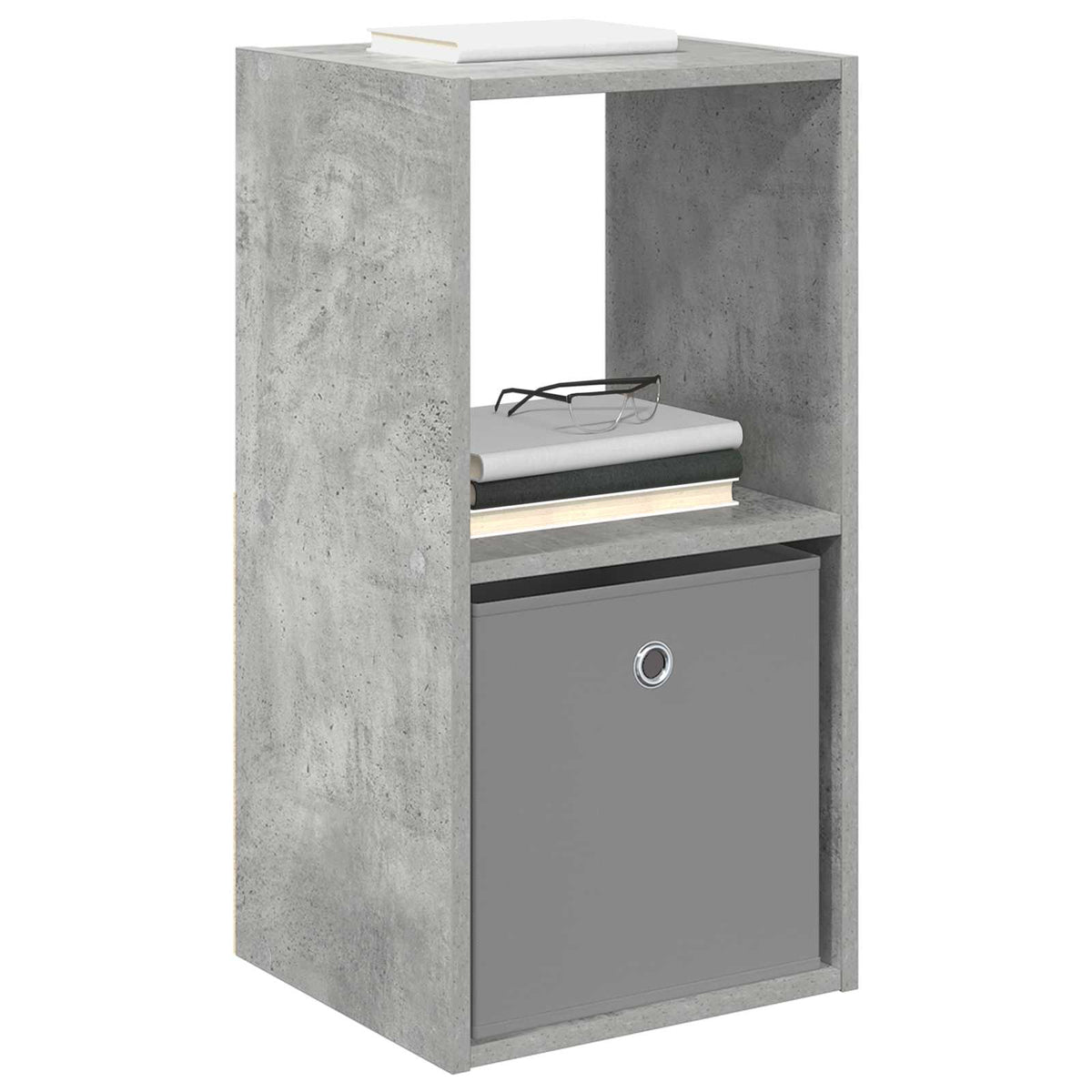 A concrete grey bedside table with books and glasses on top and a storage box
