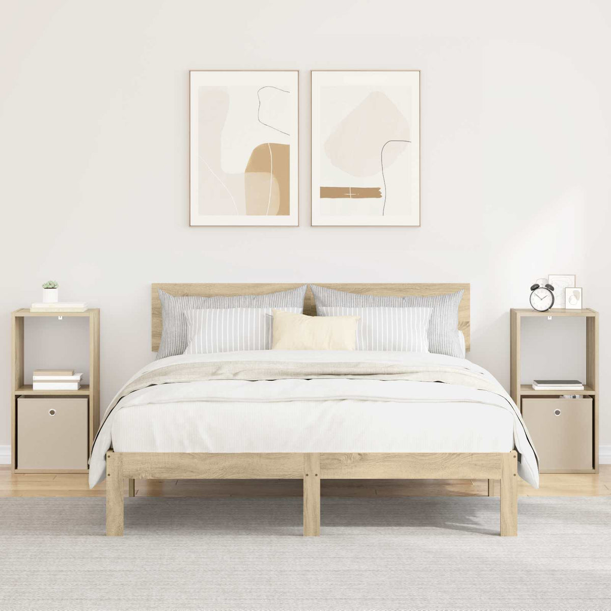 vidaXL Bedside Table 2 pcs Sonoma Oak shown in a bedroom setting with a bed