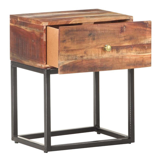 The bedside table with its drawer pulled out to show the interior space