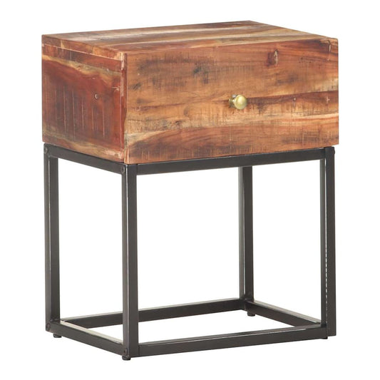 vidaXL Bedside Table Rough Acacia Wood, a single drawer cabinet with a brass knob on a black metal frame