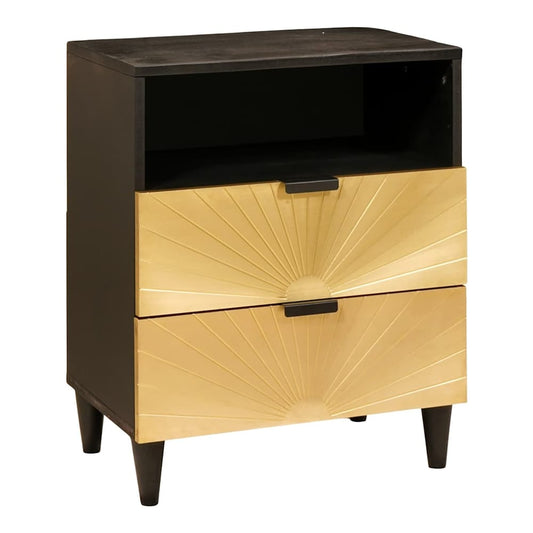 vidaXL Bedside Table Black and Gold Engineered Wood with two drawers and an open shelf