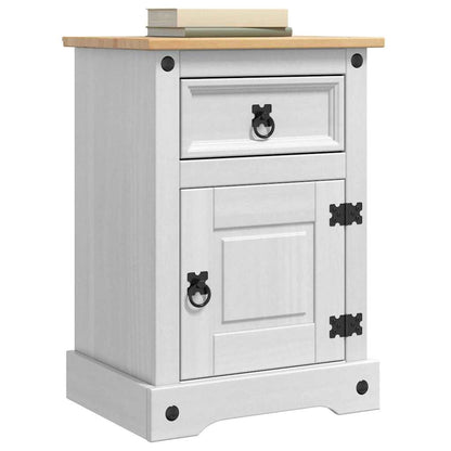 White bedside table with natural wood top, showing the drawer and cupboard