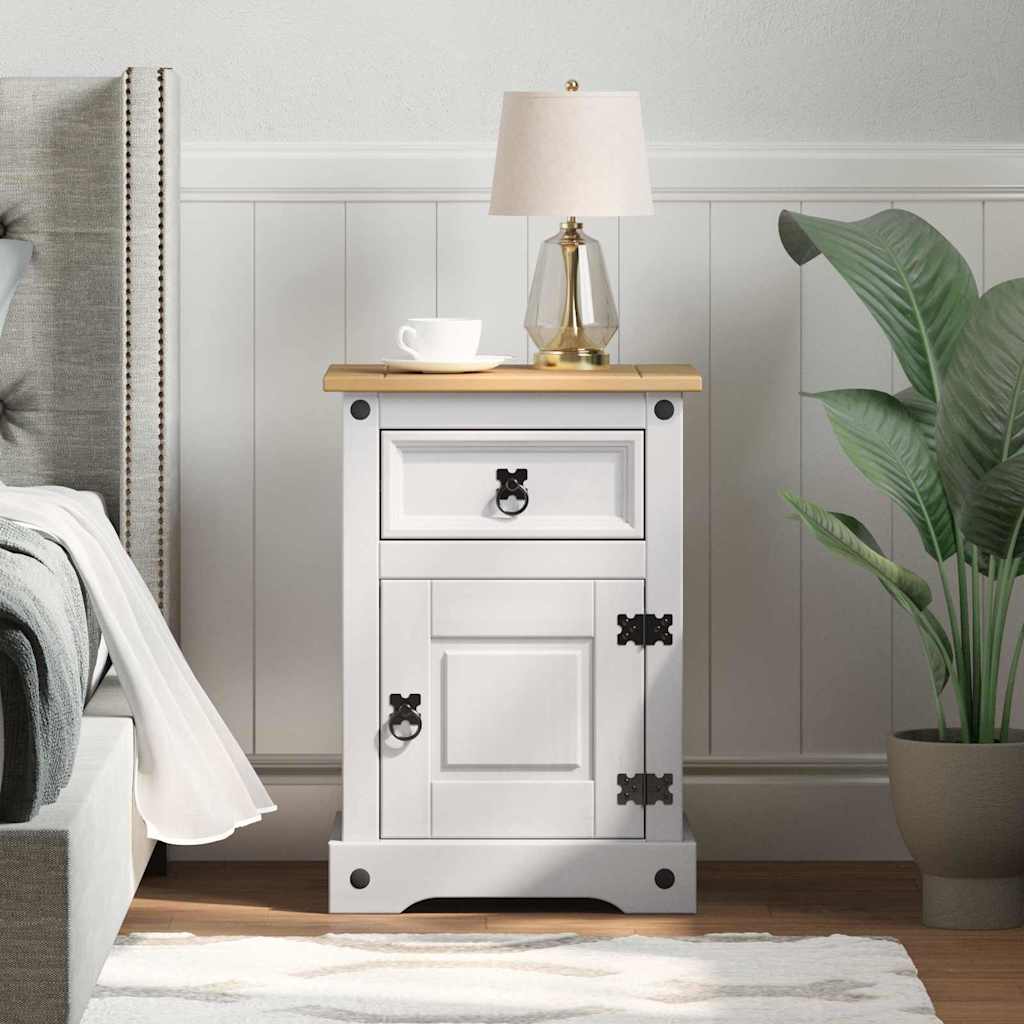 vidaXL Bedside Table Corona White Solid Pine Wood in a bedroom setting with a lamp and plant