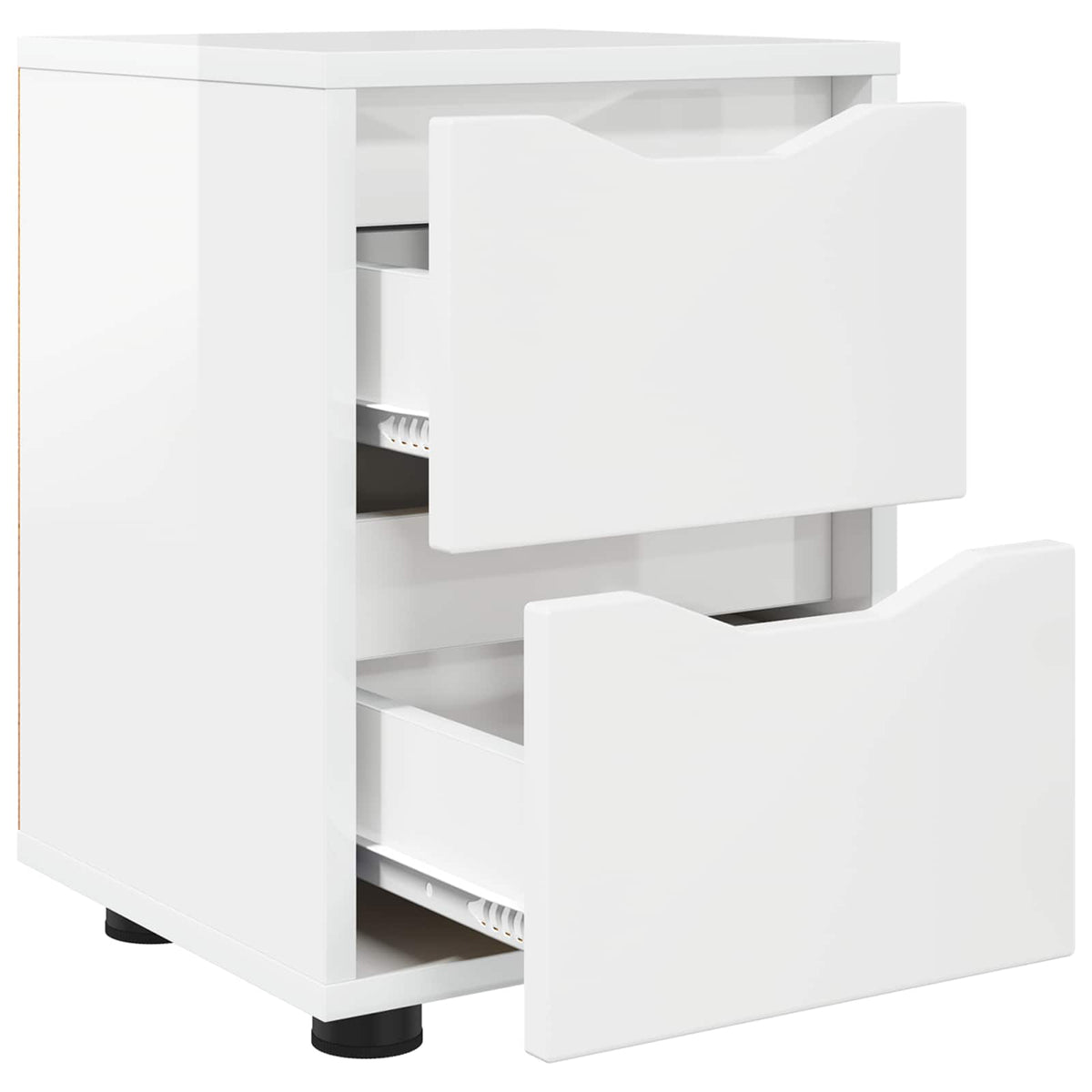 the bedside table with both drawers pulled out to show the internal storage space