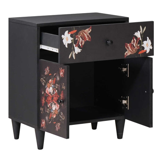 The bedside table with its drawer and cupboard doors open, showing the inside