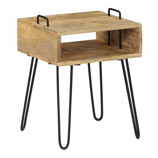 Bedside Table Solid Mango Wood with black hairpin legs and an open shelf
