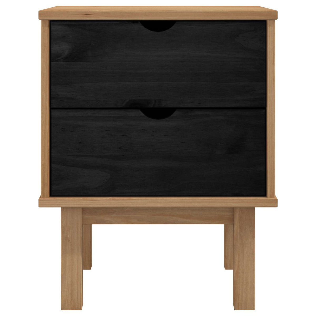 Two black drawers on a wooden bedside table, front view