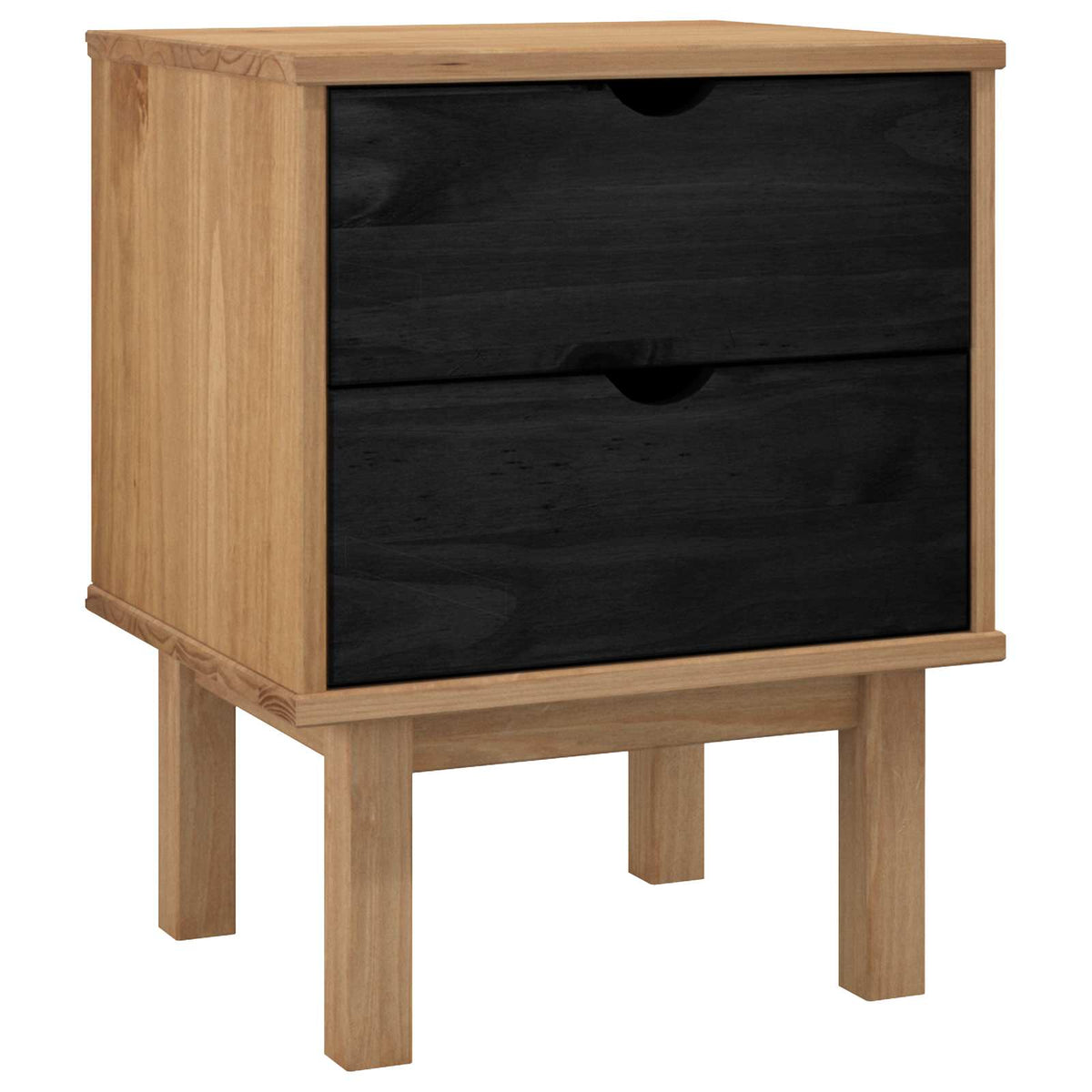 Black bedside table with two drawers and a wooden frame, shown from the front