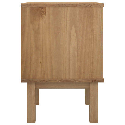 Side view of a black bedside table with a wooden frame and two drawers