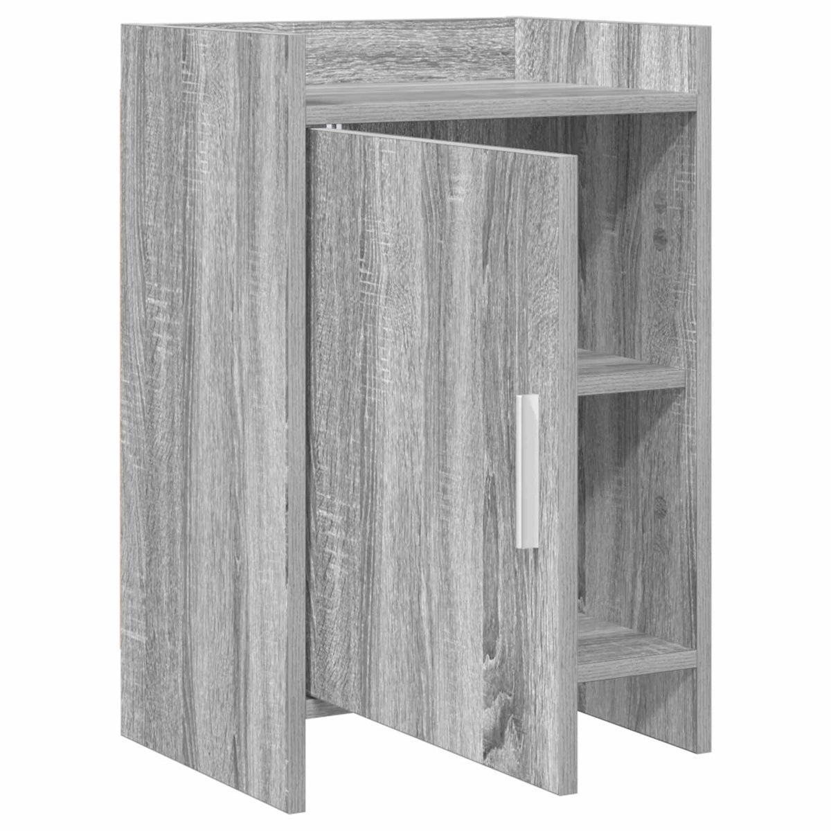 The bedside table with the cabinet door partially open revealing internal shelving