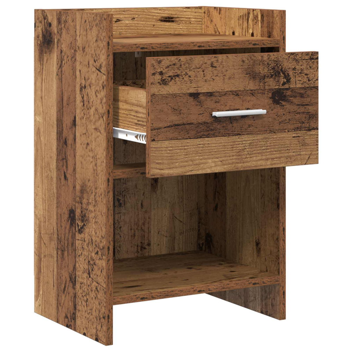 Bedside table with its drawer pulled out to show the interior