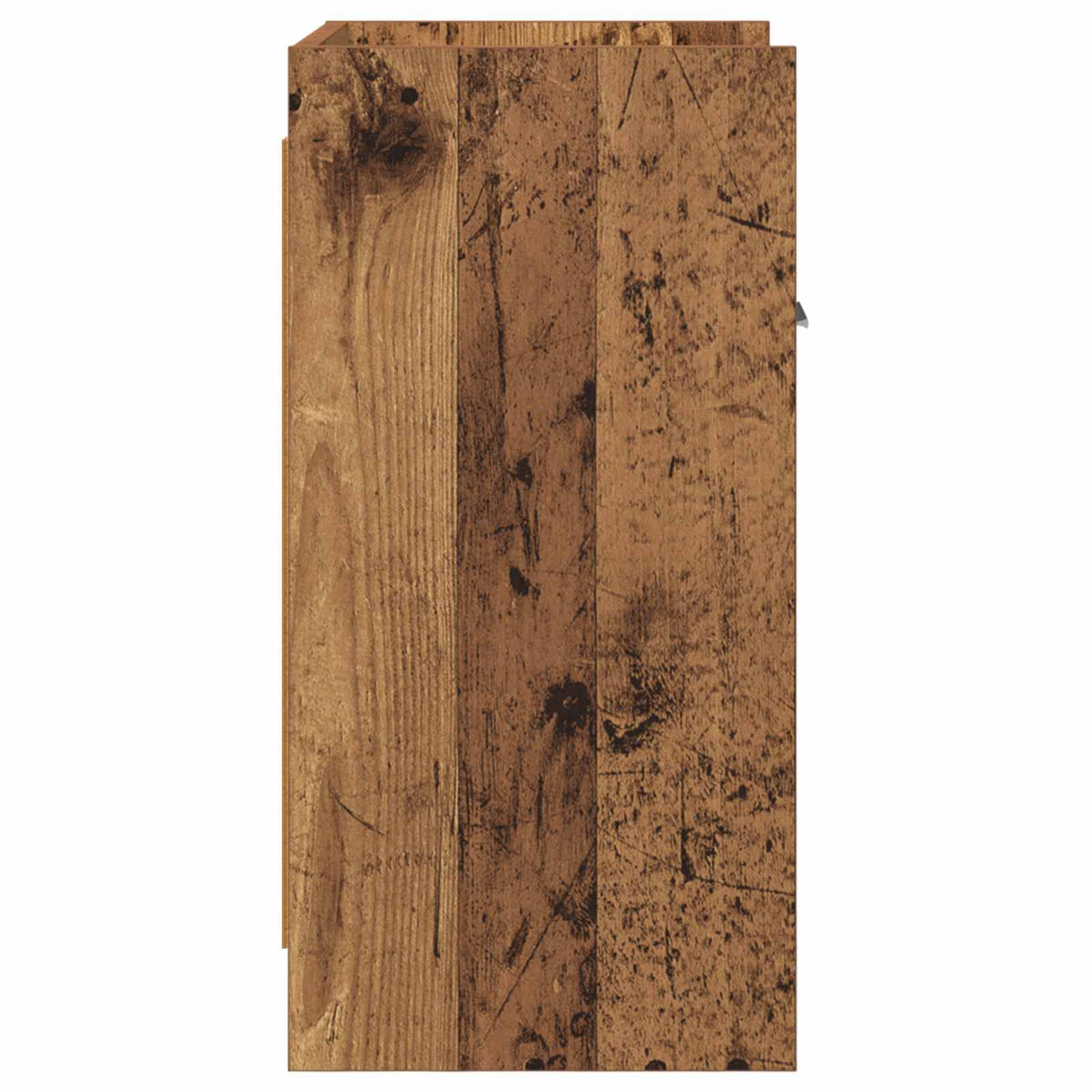 Side view of a rustic wooden bedside table showing its construction