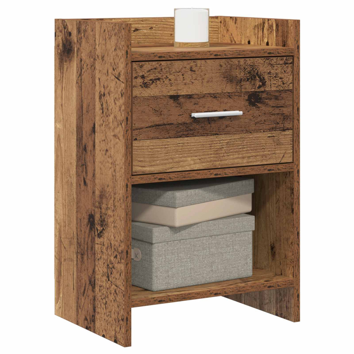 Bedside table with a drawer and an open shelf, showing a candle on top