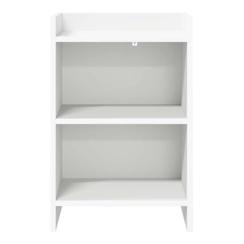 A white bedside table with two open shelves, shown from the front