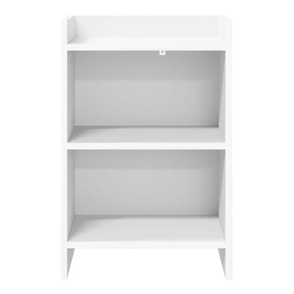 A white bedside table with two open shelves, shown from the front