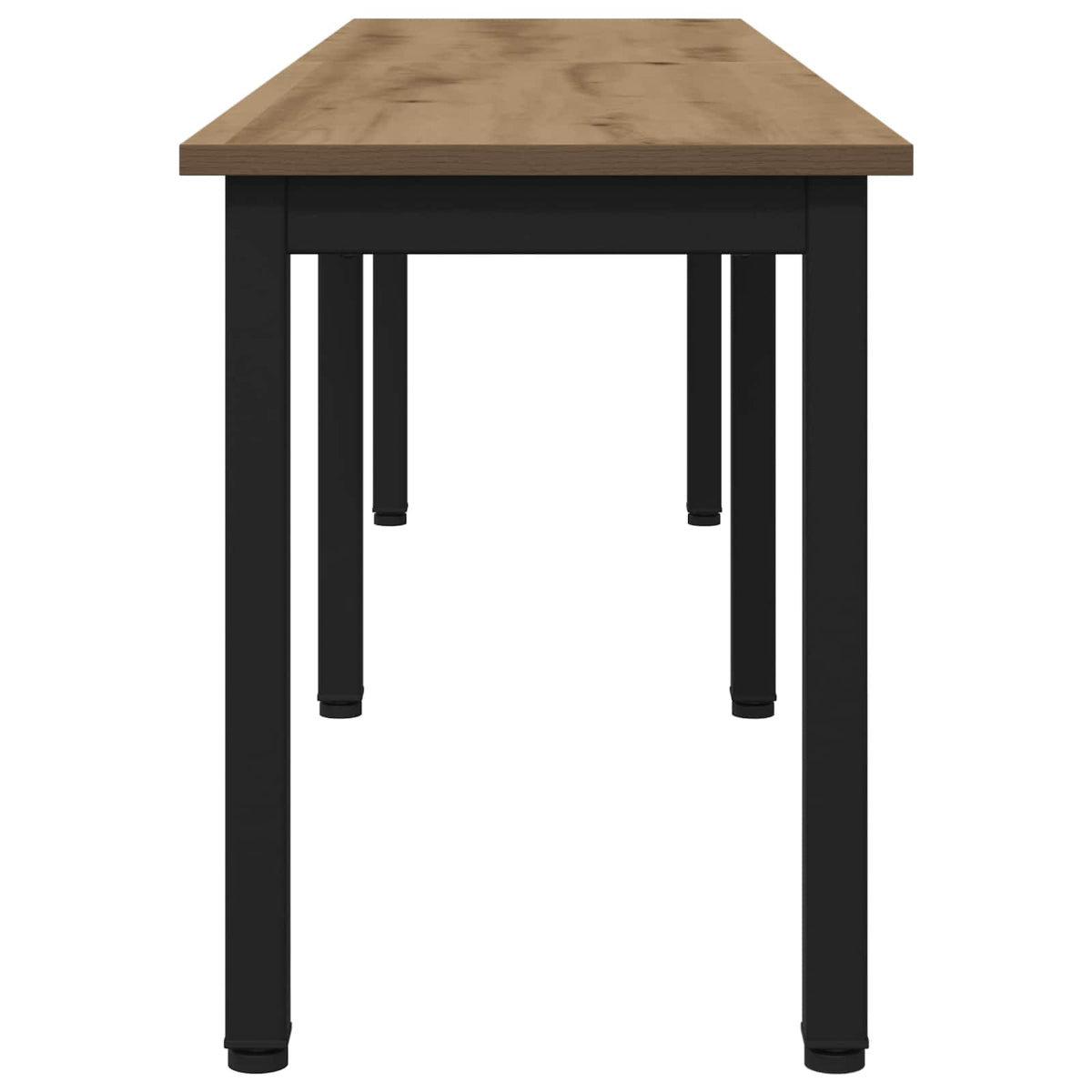 Close up of the wooden bench with black metal legs from the side