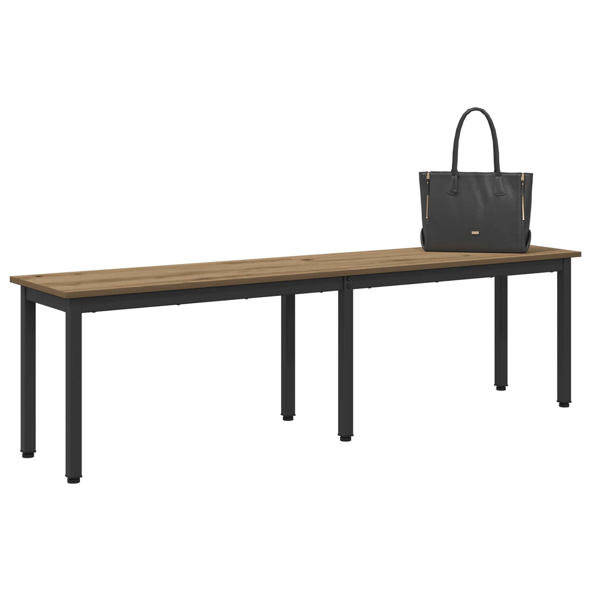 The wooden bench with black legs has a handbag placed on it