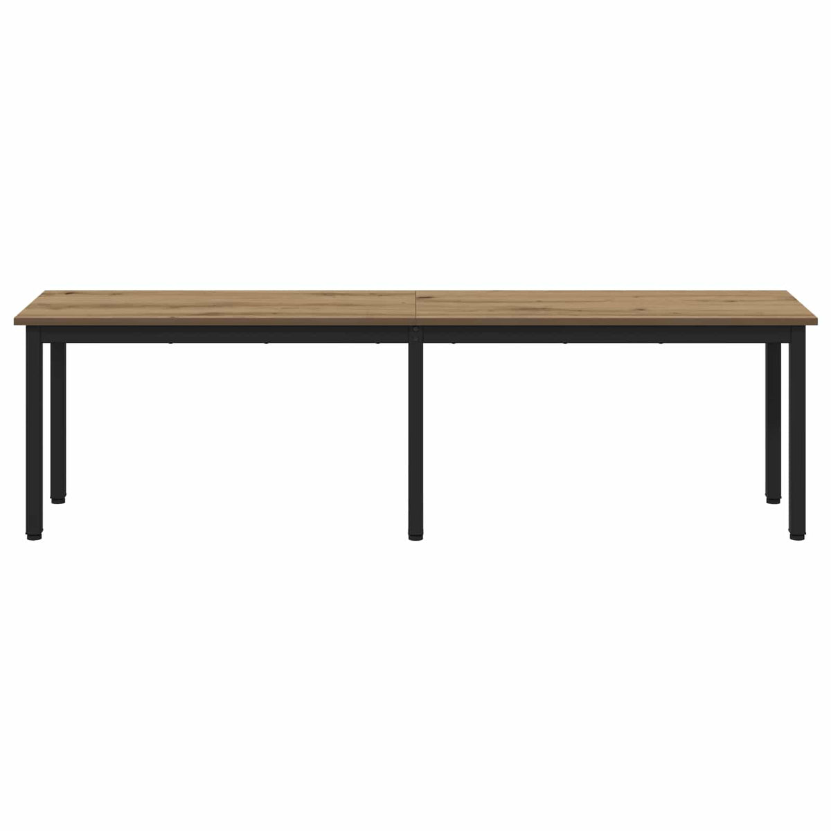 The long wooden bench with black metal legs shown from the front
