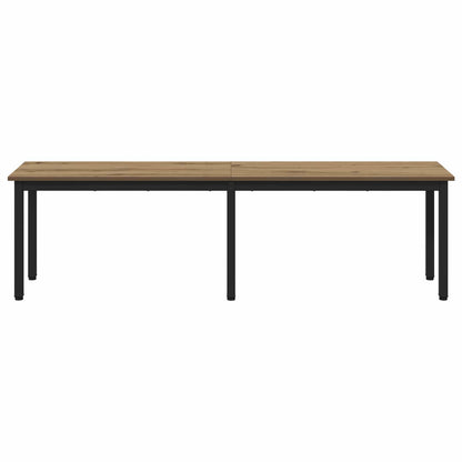 The long wooden bench with black metal legs shown from the front
