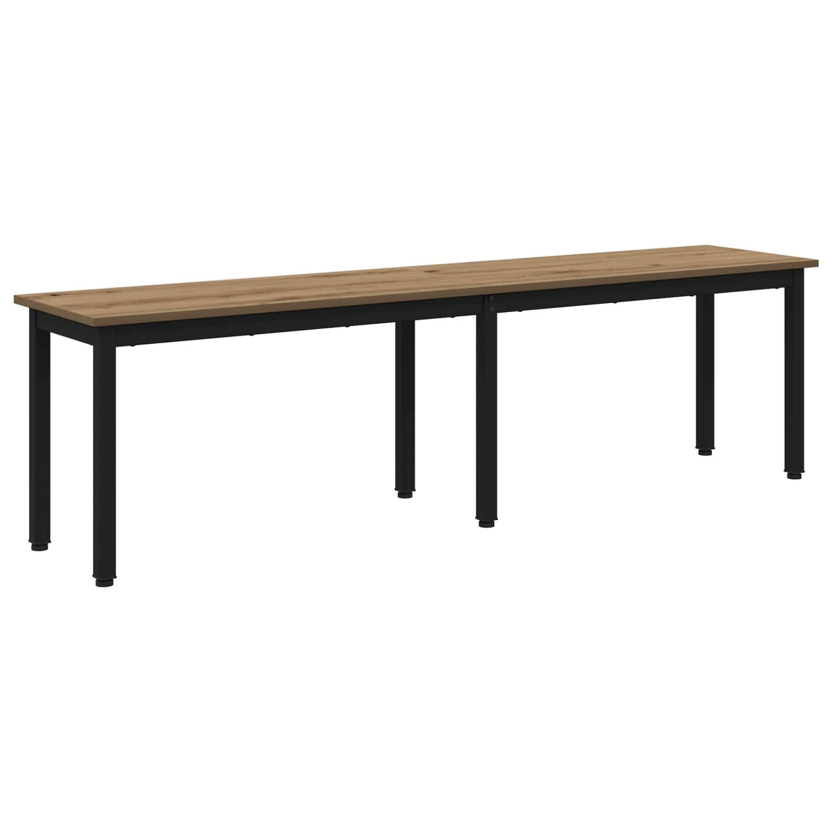 The long wooden bench with black metal legs shown from the side