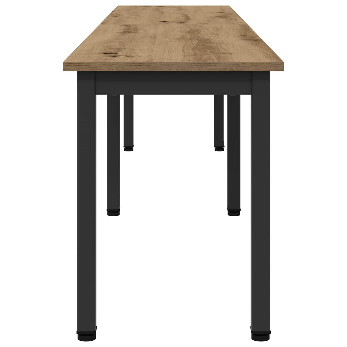 Close-up of the Artisan Oak engineered wood bench top and black metal legs