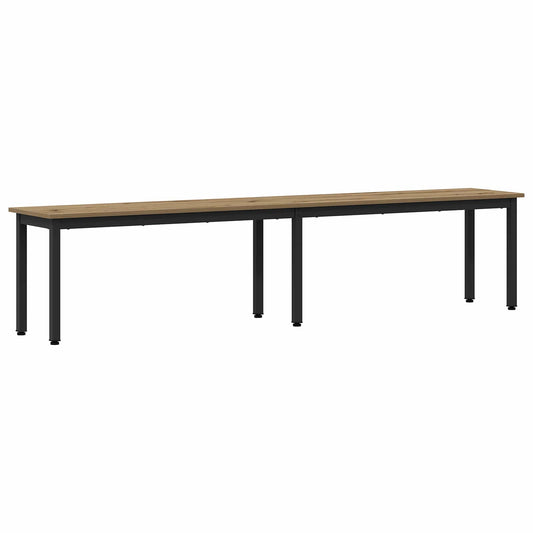 Artisan Oak engineered wood bench with black metal legs, shown from the front