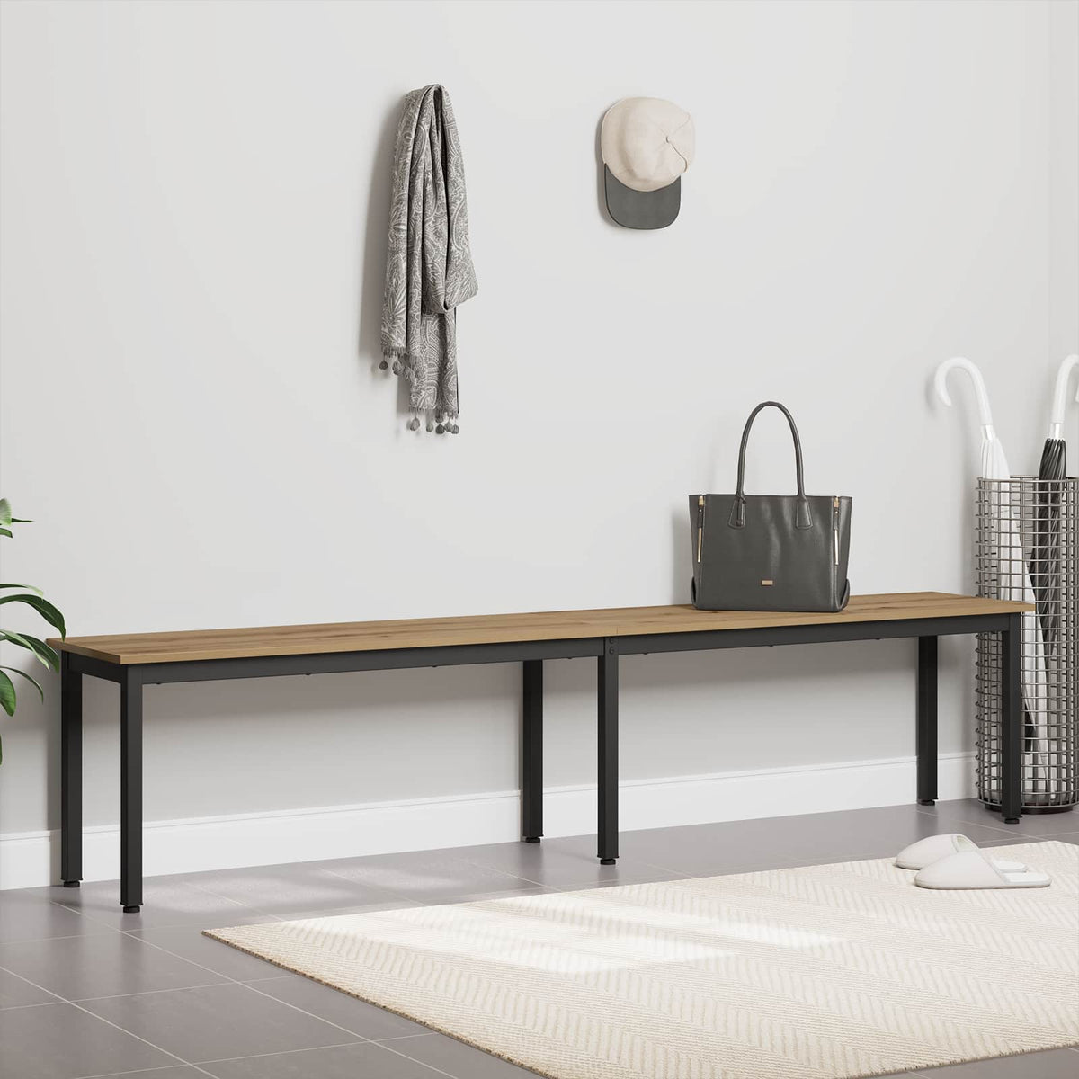 Artisan Oak engineered wood bench with black metal legs in a hallway setting