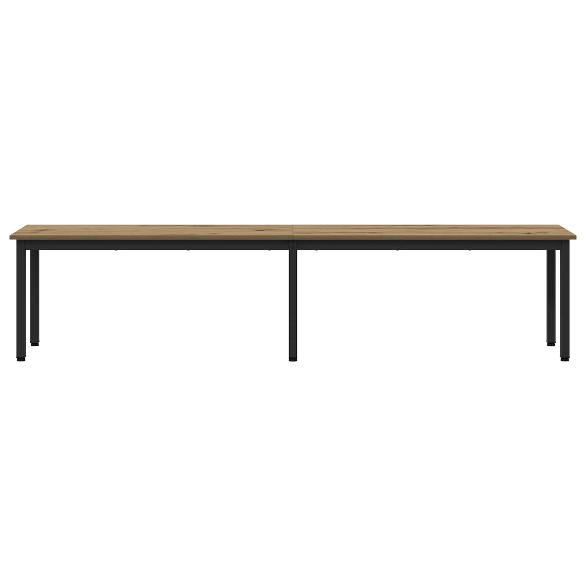 Long Artisan Oak engineered wood bench with black metal legs, viewed from the back
