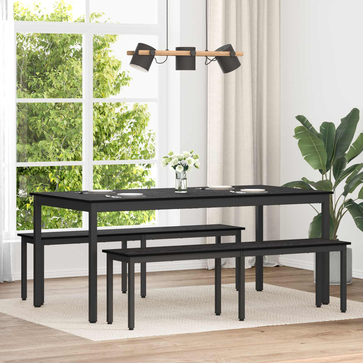 vidaXL Bench Black Oak Engineered Wood placed in a dining room setting with a table and chairs