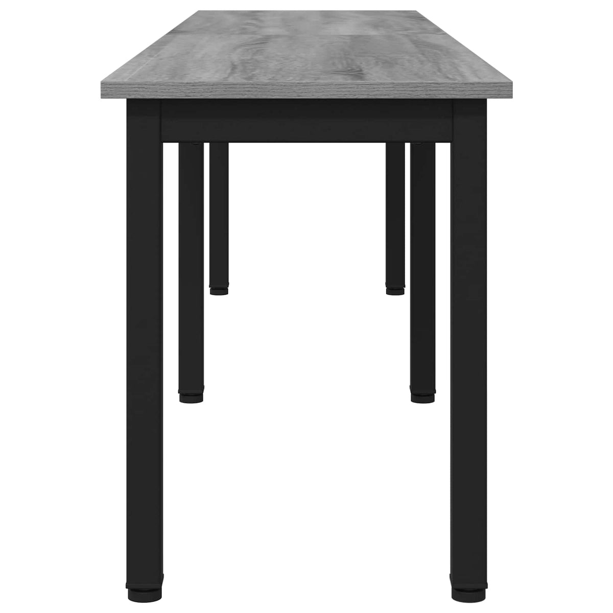 The narrow bench showing the grey wood grain surface and black frame from a side perspective