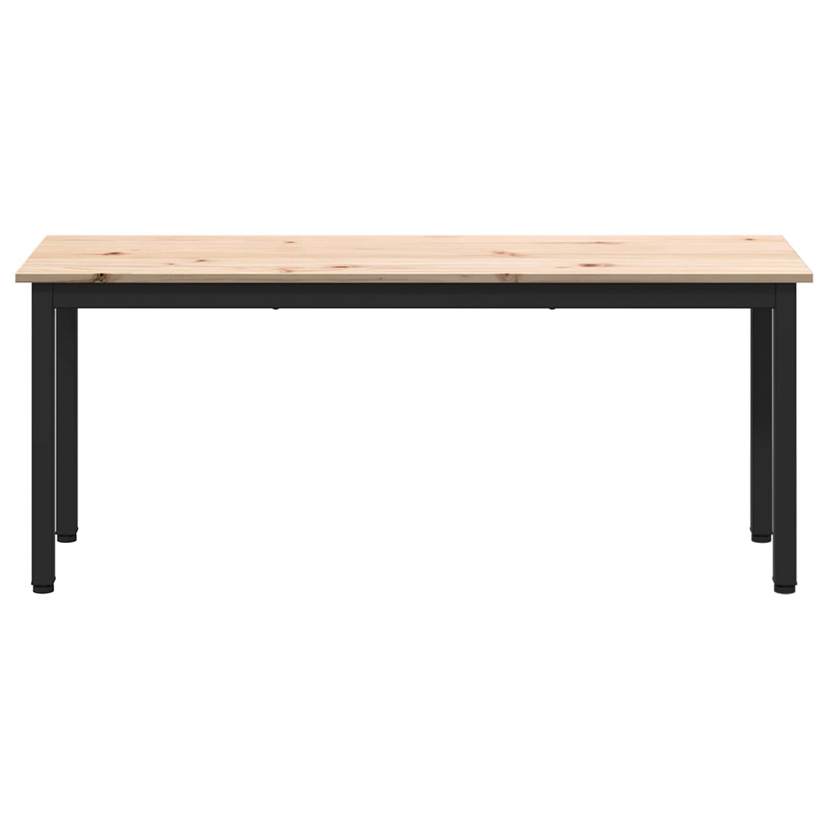 Front view of the natural pine wood bench with black metal legs