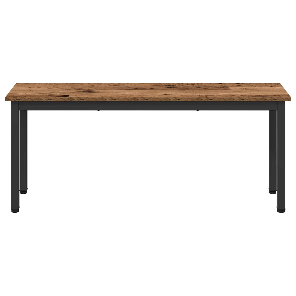 Front view of the old wood engineered wood bench with black metal legs