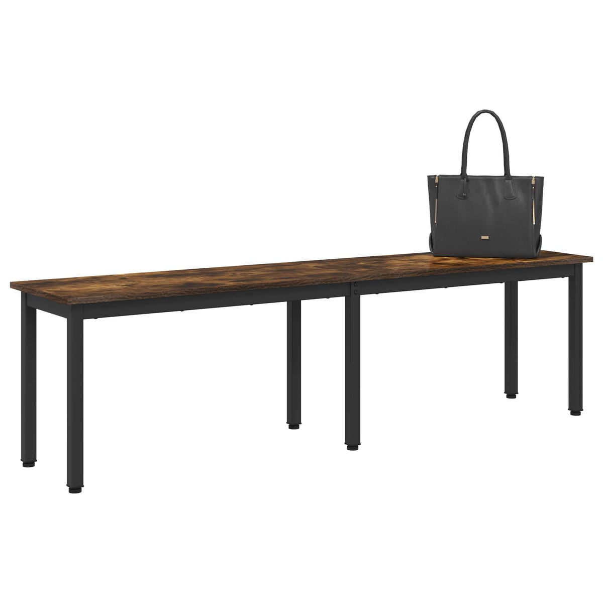The wooden bench with black legs has a handbag placed on it