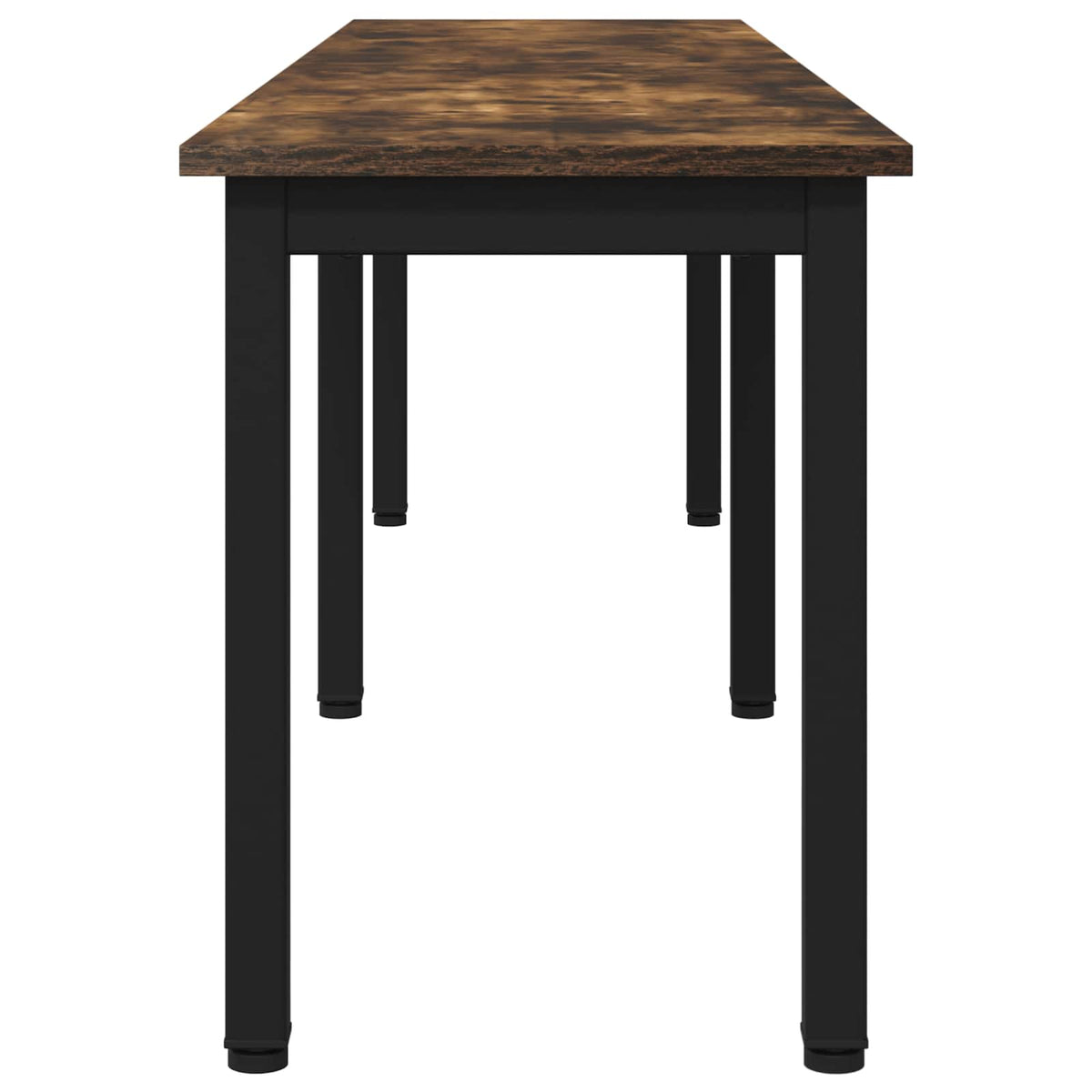 Close-up of the wooden bench with black metal legs