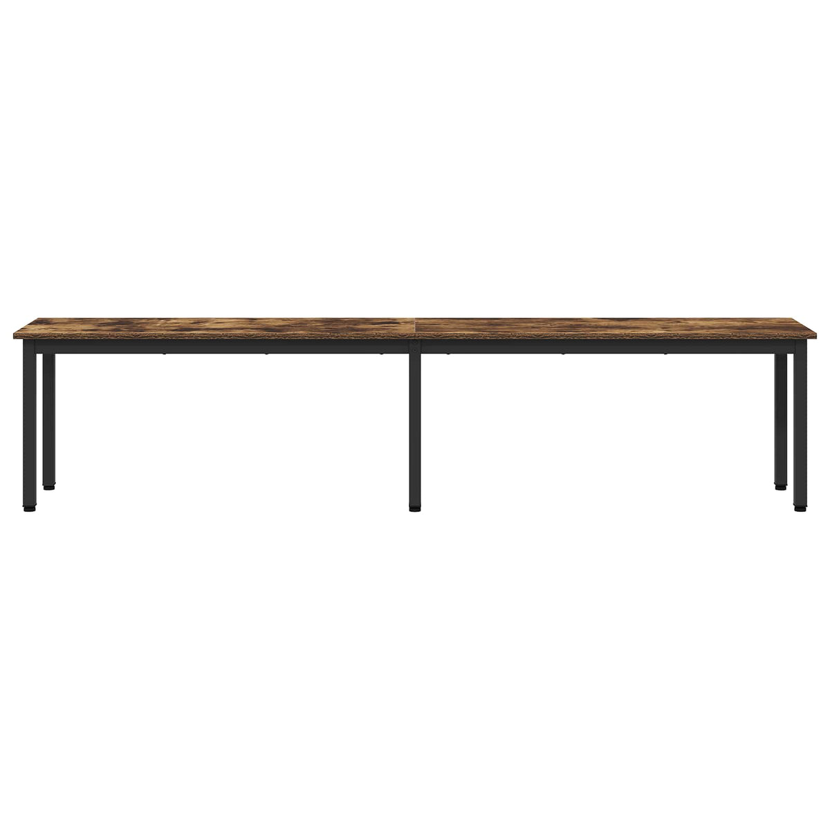 the rustic bench viewed directly from the front showing the long wooden seat and metal legs