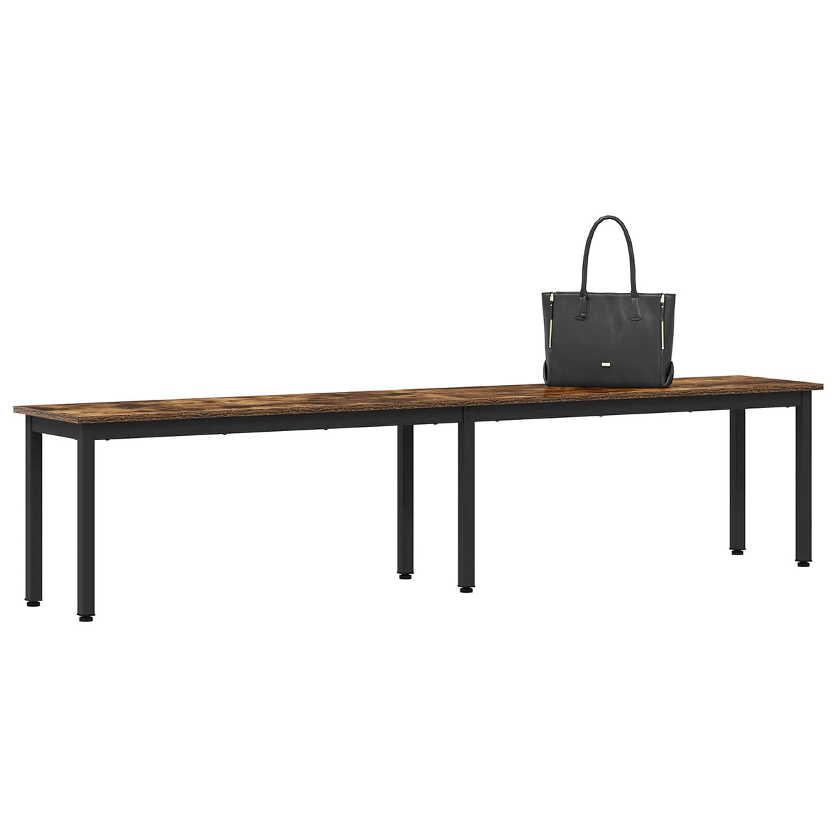 the long bench with a black handbag placed on the rustic wood surface