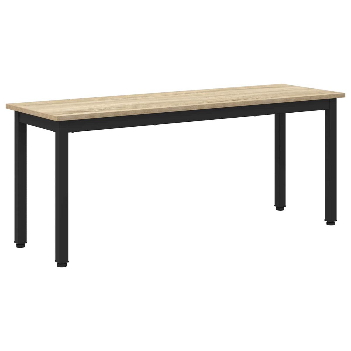 The bench has a light wood effect top and black metal legs