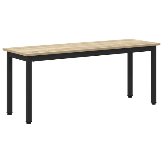 The bench has a light wood effect top and black metal legs