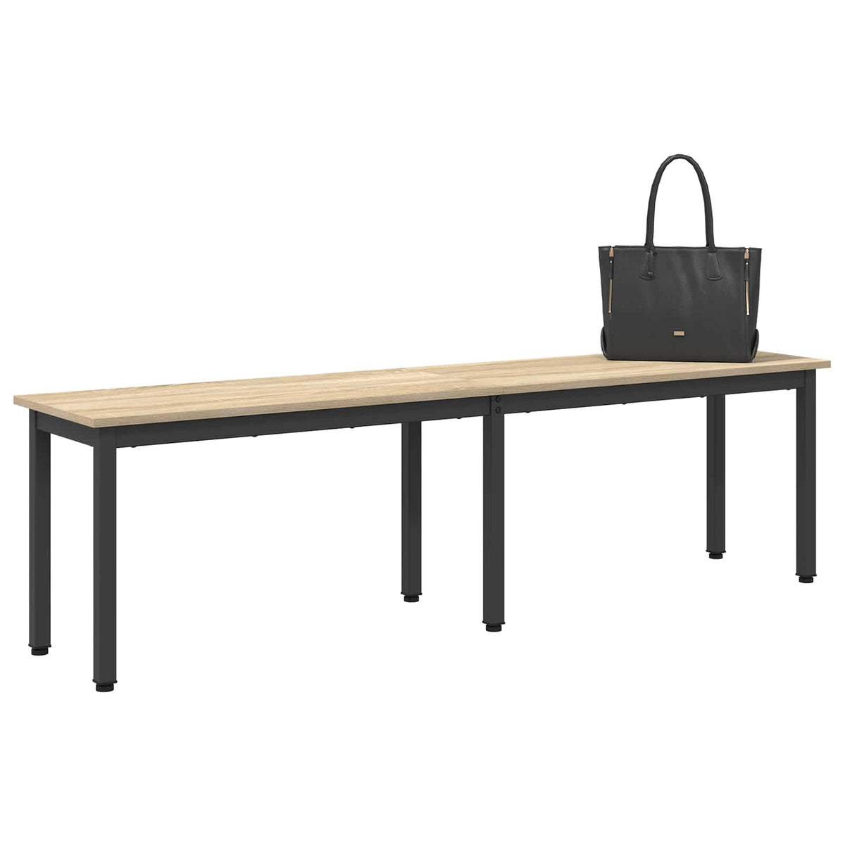 This wooden bench has a black handbag placed on top to show scale