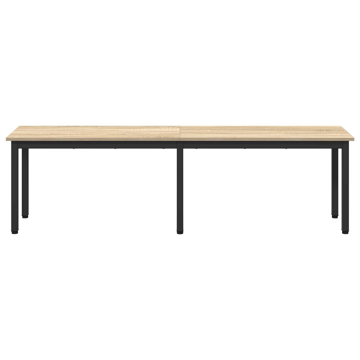 A full front view of the long engineered wood bench with metal legs