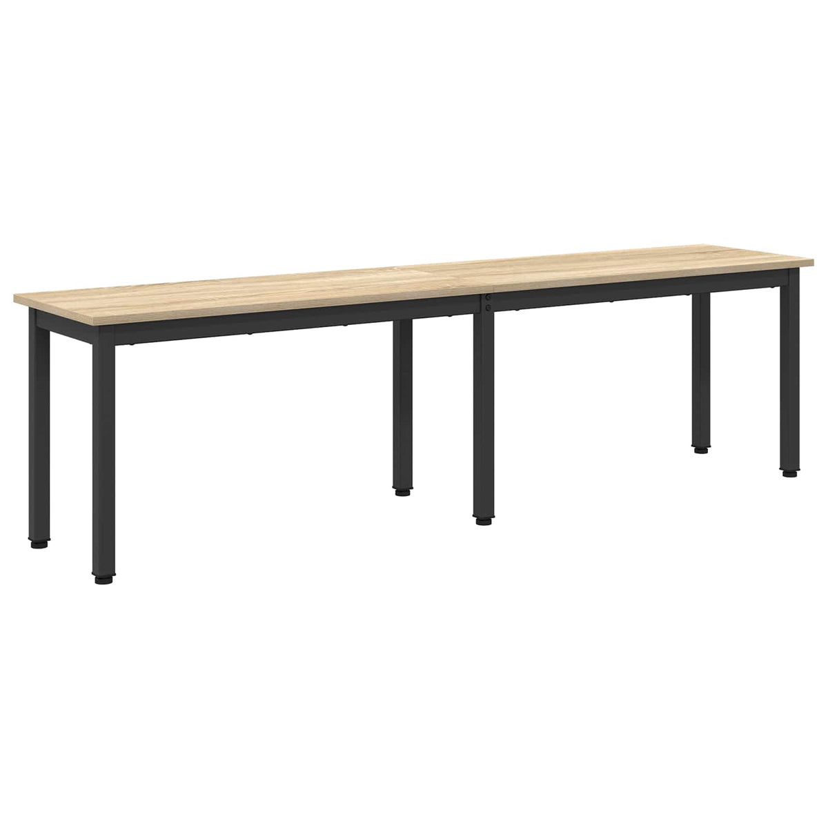 The long wooden bench with black metal legs is shown from a side angle
