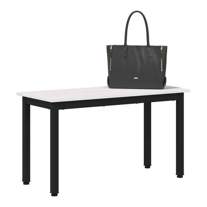 A black handbag rests on the white pine wood bench with black metal legs