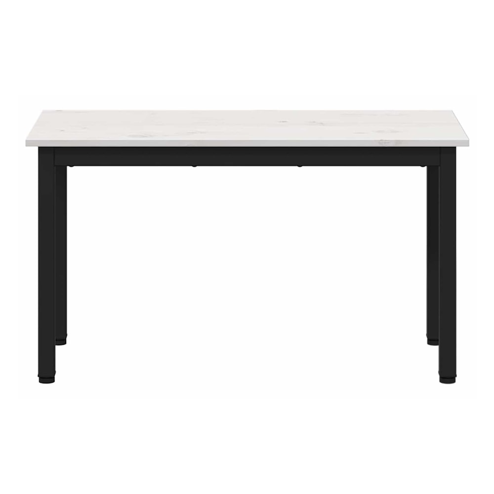 A close-up of the white pine wood bench with black metal legs from the front