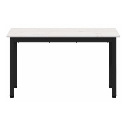 A close-up of the white pine wood bench with black metal legs from the front