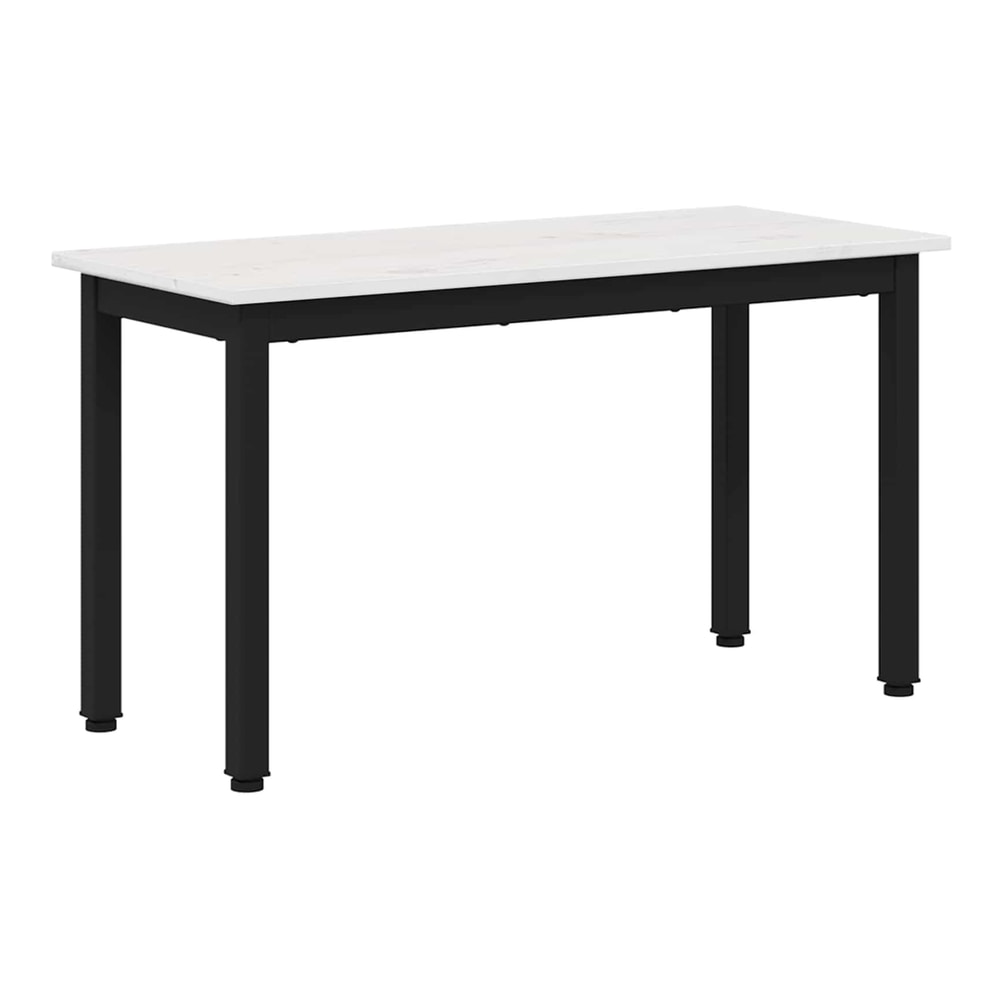 The white pine wood bench with black metal legs shown from the front