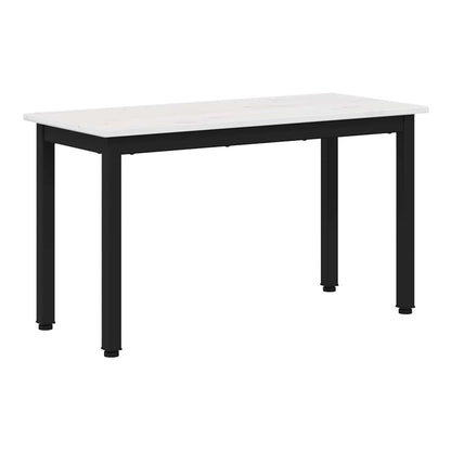 The white pine wood bench with black metal legs shown from the front