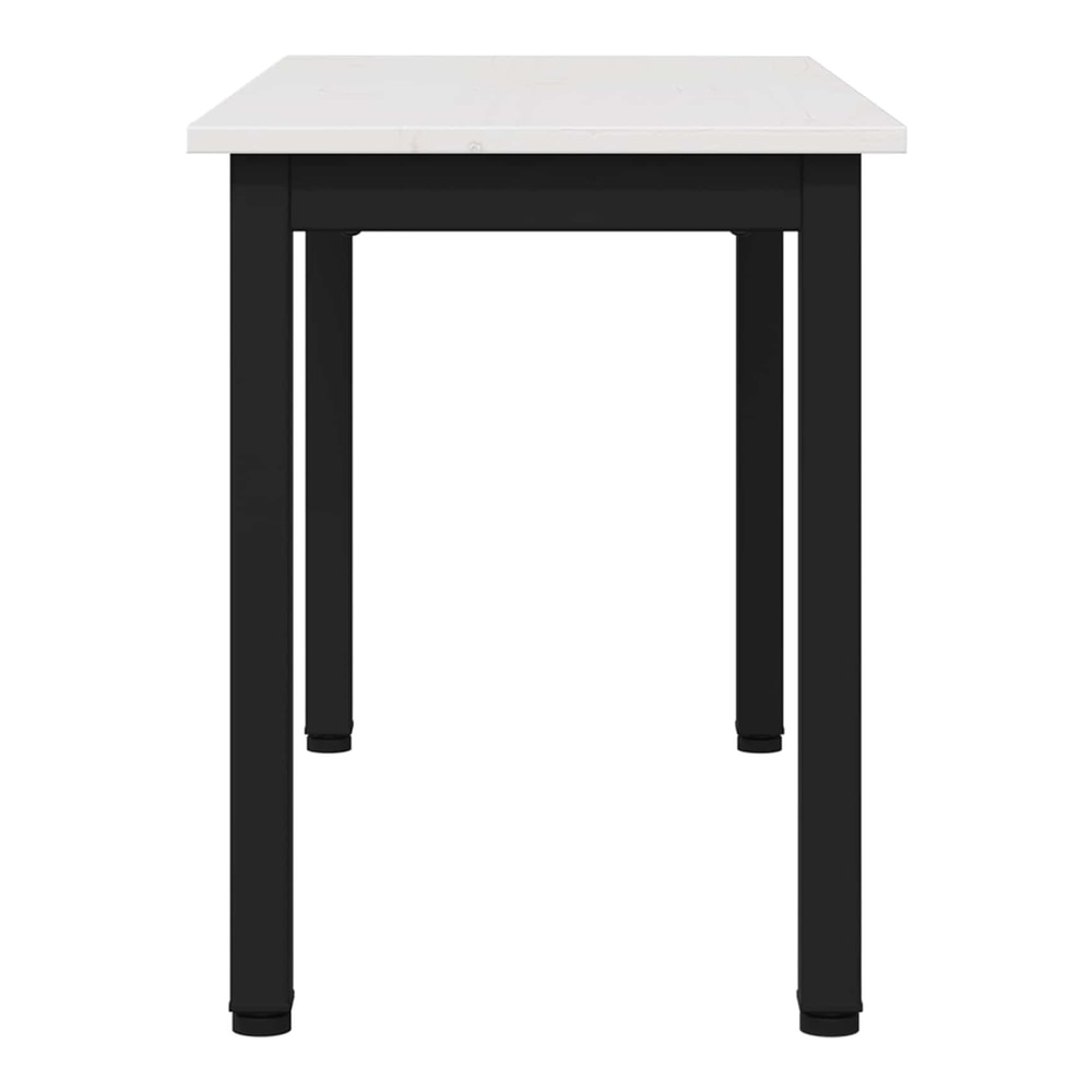 The white pine wood bench with black metal legs viewed from the side