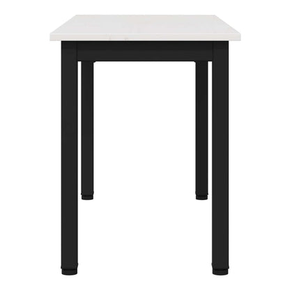 The white pine wood bench with black metal legs viewed from the side