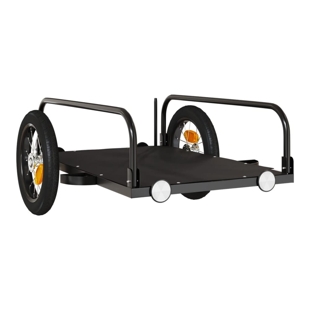 A close-up of the black bicycle trailer, showing the base and frame with wheels